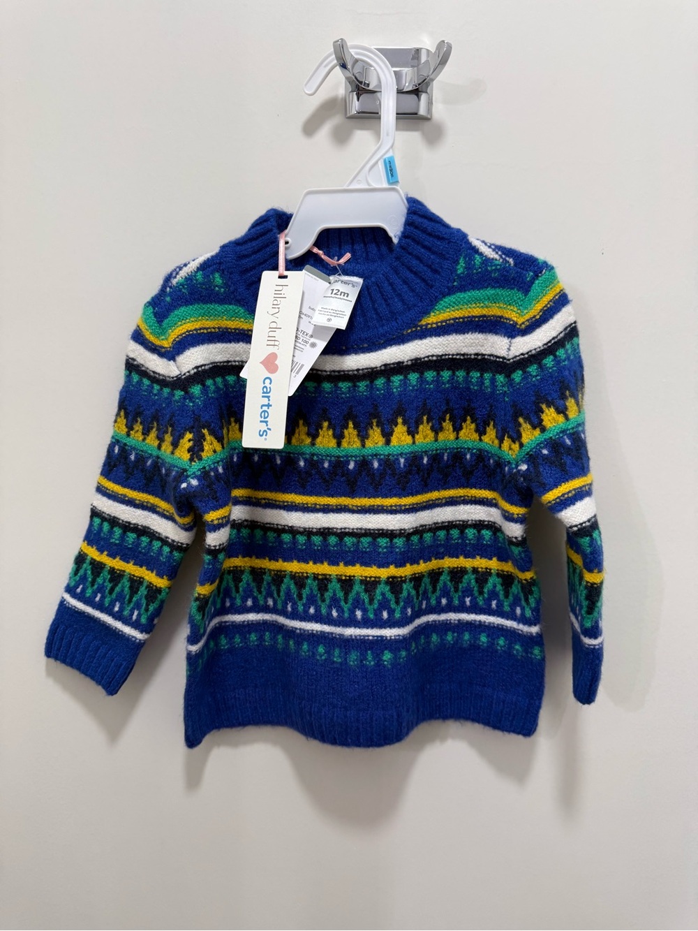 Carter's Royal Blue Fair Isle Knit Sweater with Green, Yellow & White Stripes